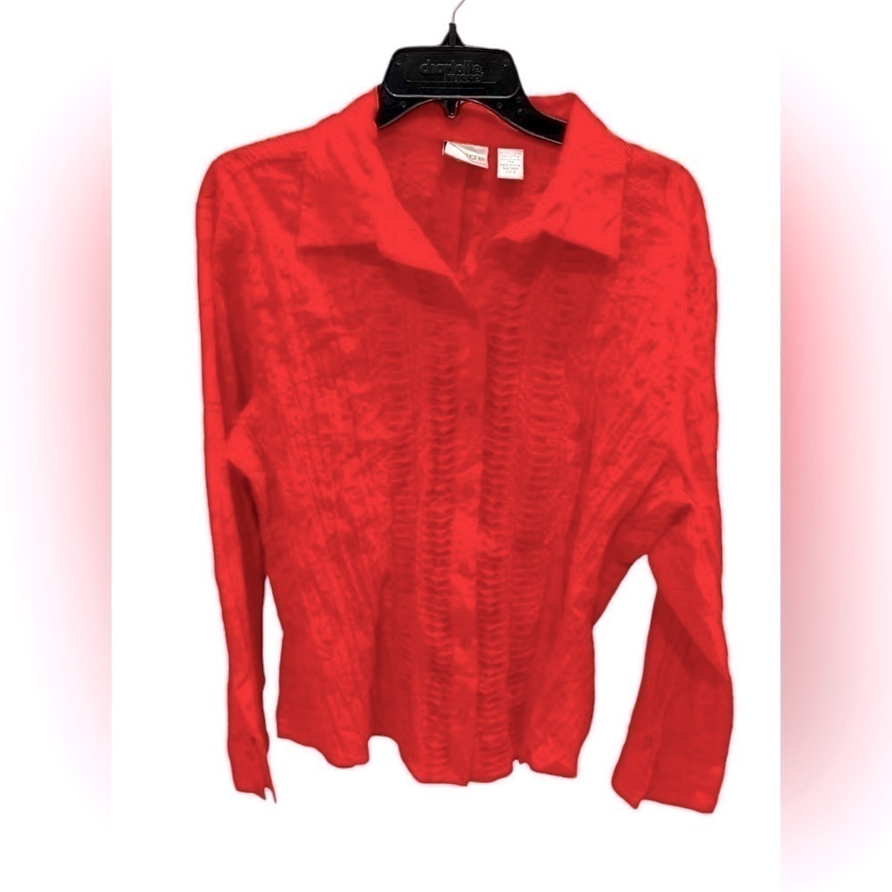 Chico’s Red Crinkle Long Sleeve Button Down Shirt Women’s Size XL